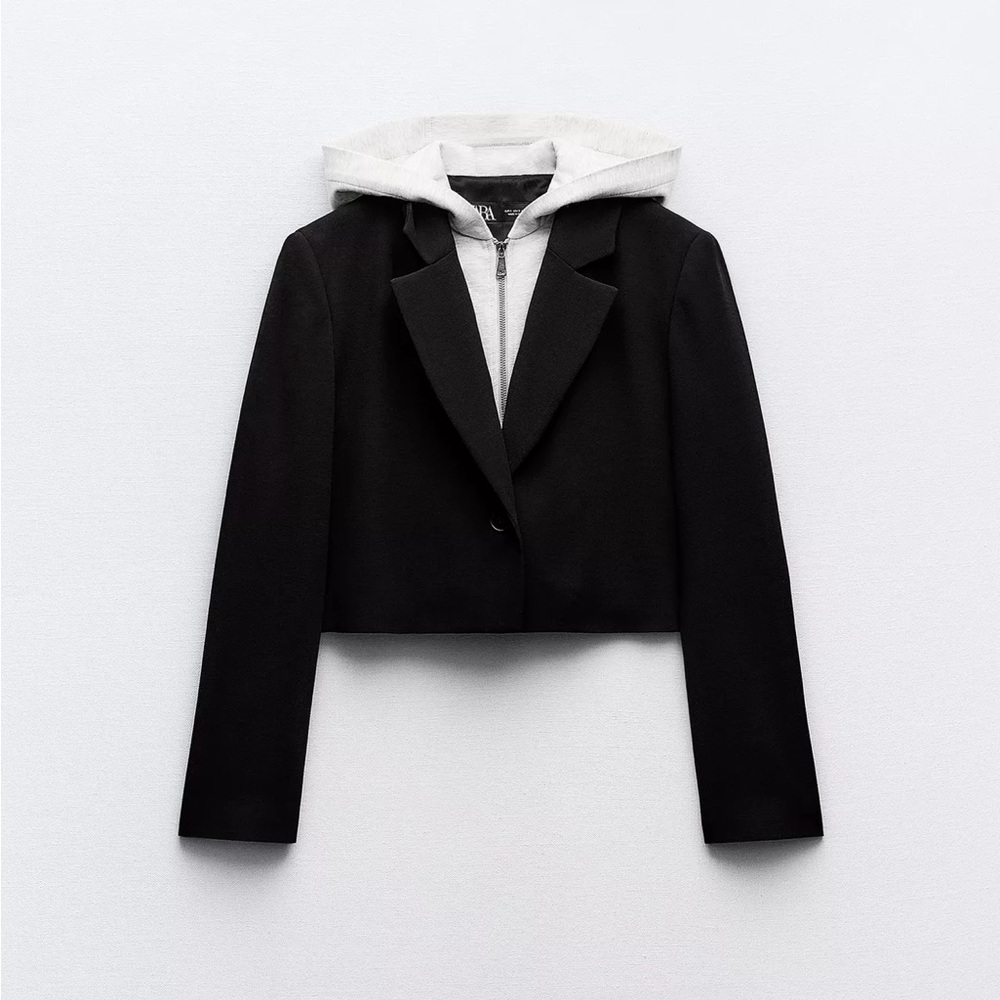 Zara Black Cropped Blazer with Built-In Hoodie | NWT | XS